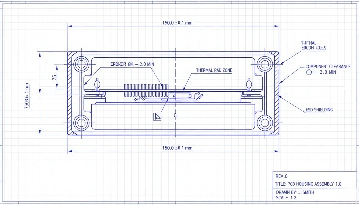 PCB enclosure mechanical drawing with tolerance and mounting dimensions