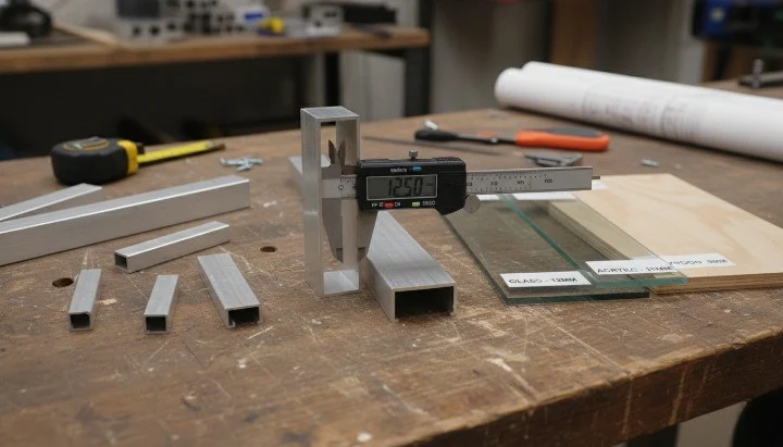 Equal-leg aluminum U channel slot width measured with caliper and panel inserts