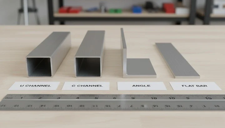 Aluminum U channel vs C channel vs angle profile comparison lineup
