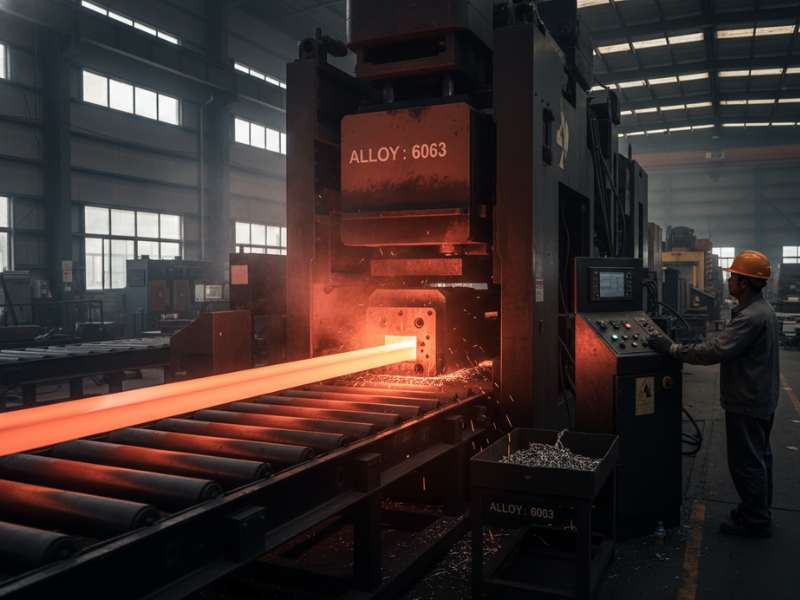 6063 aluminum extrusion process industrial press producing profiles