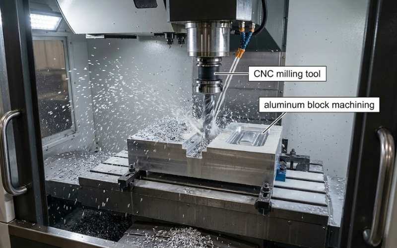 CNC milling machine machining aluminum block with cutting tool