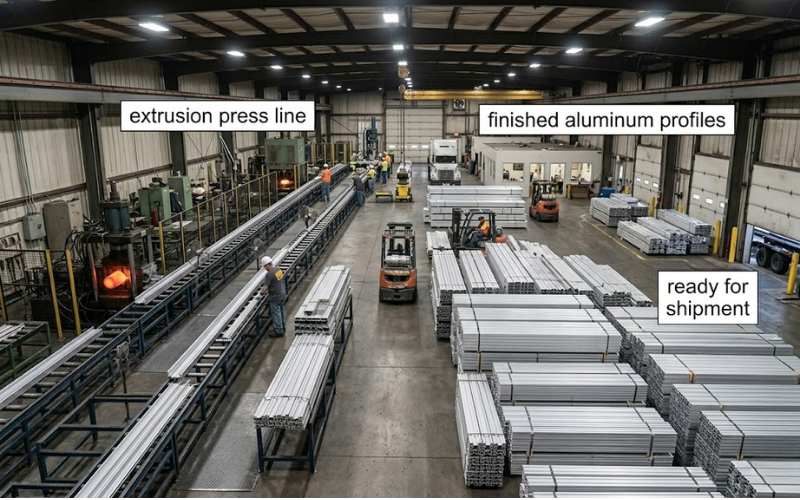 aluminum extrusion factory production line with stacked aluminum profiles