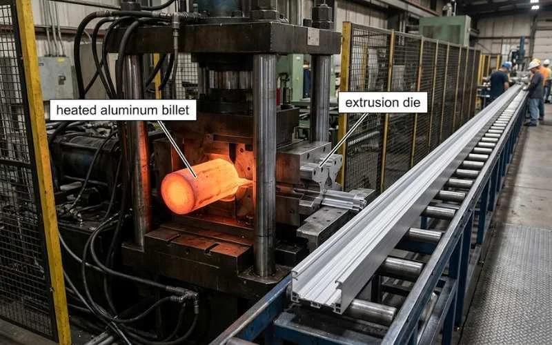 Heated aluminum billet entering an extrusion press at the Xingyong factory