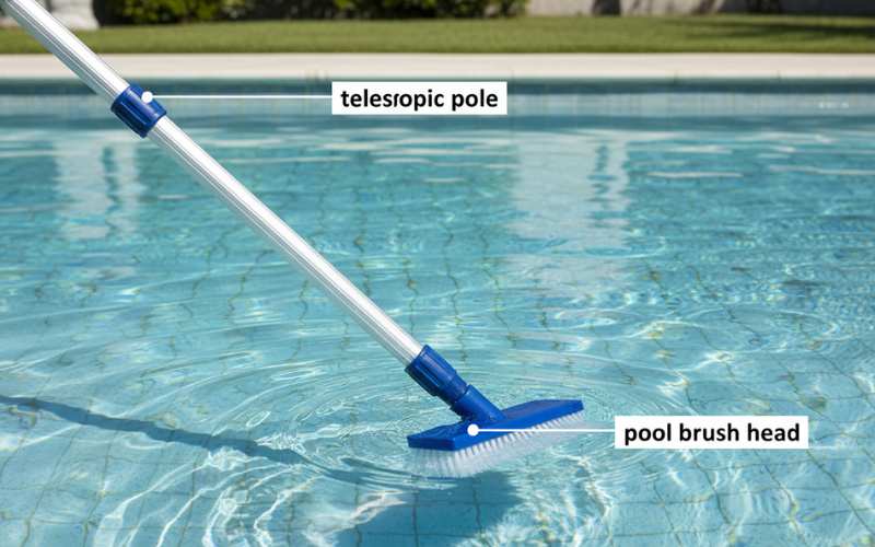 aluminum pool cleaning extension pole with brush in swimming pool