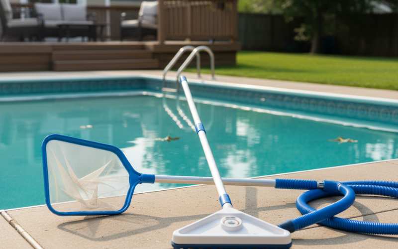 aluminum pool cleaning pole with net and vacuum head