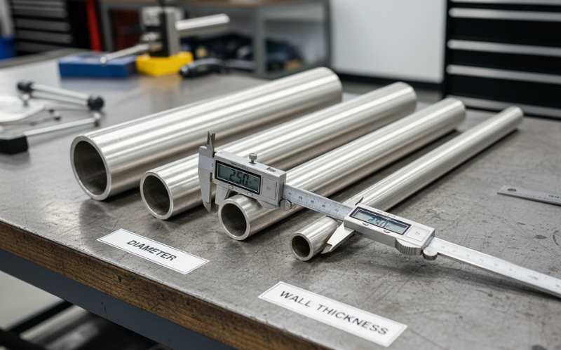aluminum telescopic pole sections showing different diameters and wall thickness measurement