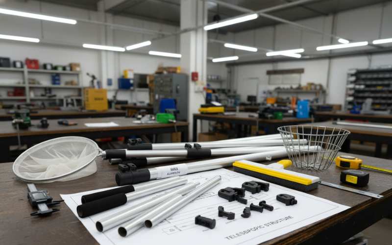 aluminum telescopic poles for pool cleaning window cleaning and fruit picking on factory workbench