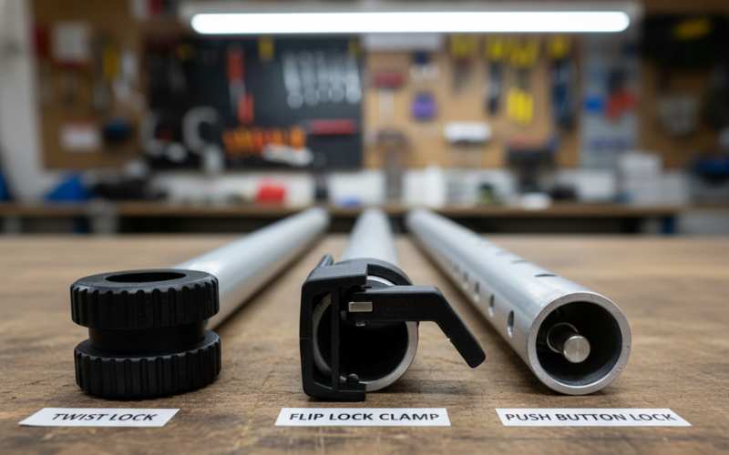 extension pole locking mechanisms twist lock flip lock and push button comparison