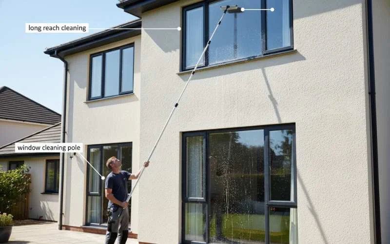 Telescopic window cleaning pole reaching a second floor
