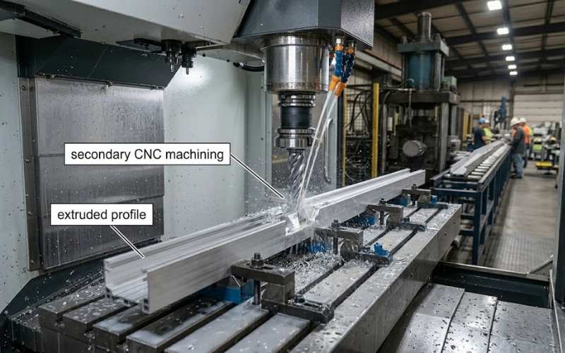 extruded aluminum profile undergoing CNC drilling and machining