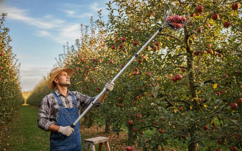 fruit picking extension pole harvesting apples from tall orchard tree