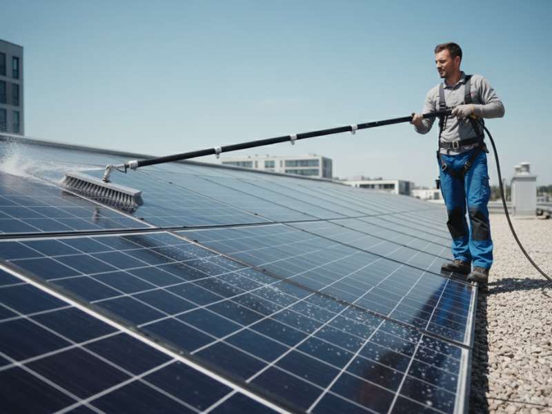 solar panel cleaning pole with brush and water hose cleaning rooftop solar panels