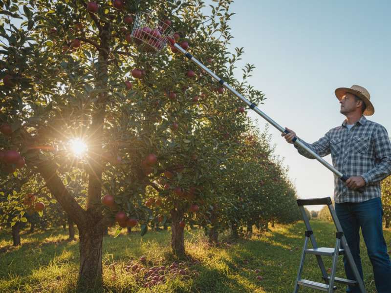telescopic fruit picking extension pole harvesting apples from tall tree