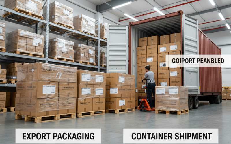 telescopic pole export packaging cartons loaded into shipping container for overseas shipment