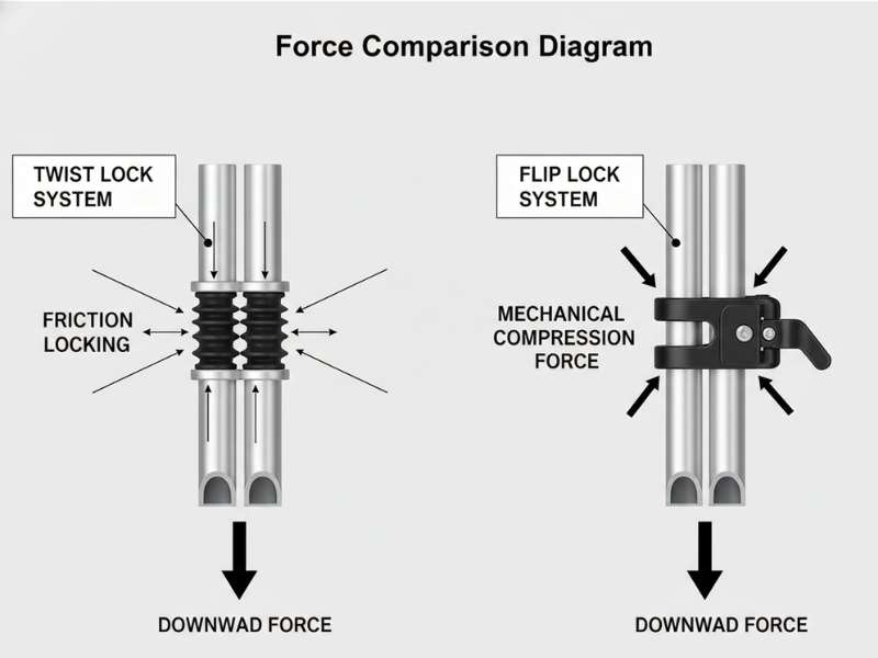Telescoping pole locking mechanism: friction collar vs mechanical clamp holding force comparison