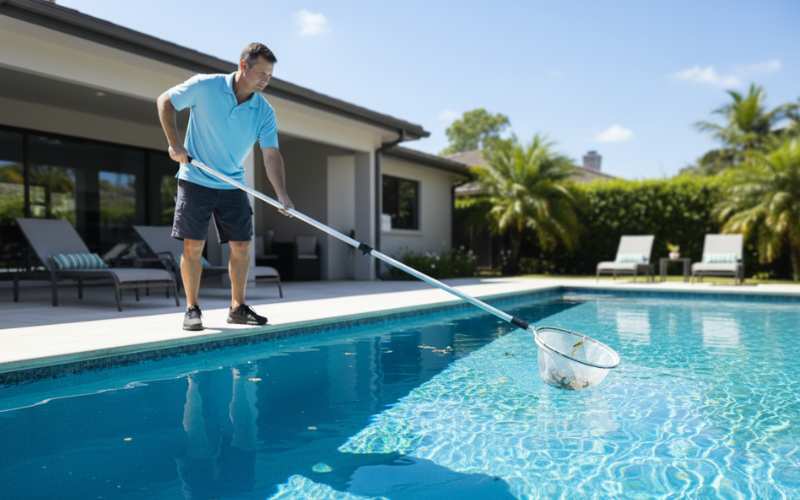 telescopic pool cleaning pole with leaf skimmer removing debris from swimming pool