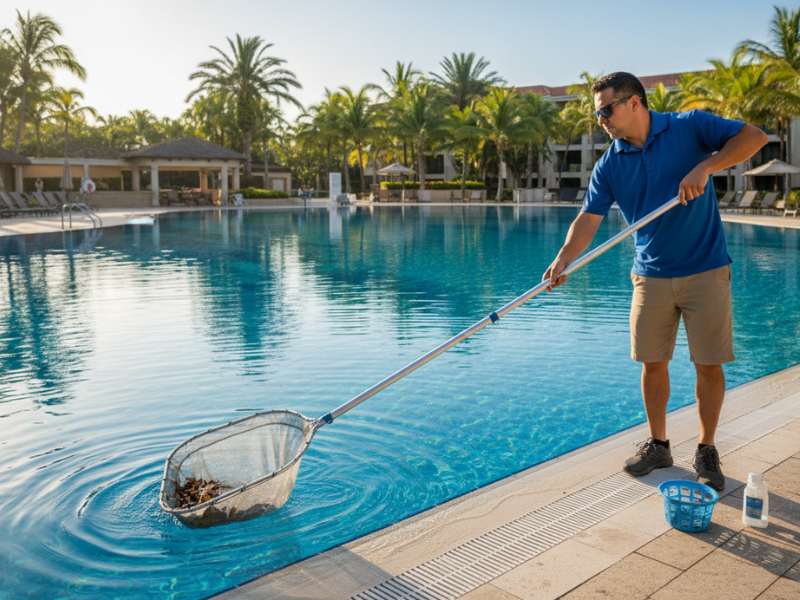 telescopic swimming pool net pole removing leaves from outdoor pool