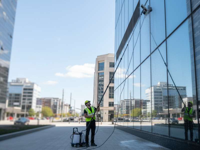 telescopic window cleaning pole with squeegee cleaning high rise glass building