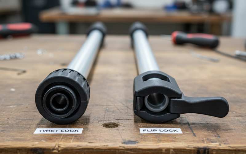 twist lock vs flip lock telescopic pole locking mechanisms close up comparison
