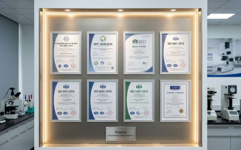Global compliance certifications including IATF 16949 and BSCI for high-end aluminum manufacturing at Xingyong.
