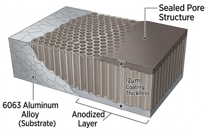 Aluminum anodizing layer structure diagram showing oxide layer thickness and sealing on pool telescopic pole