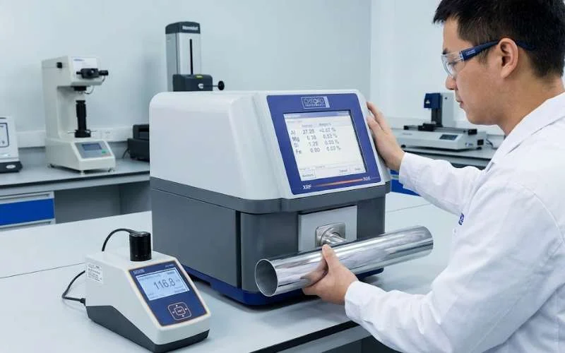 Oxford optical-emission spectrometer testing aluminum alloy composition for Prop 65 and substance compliance at Xingyong