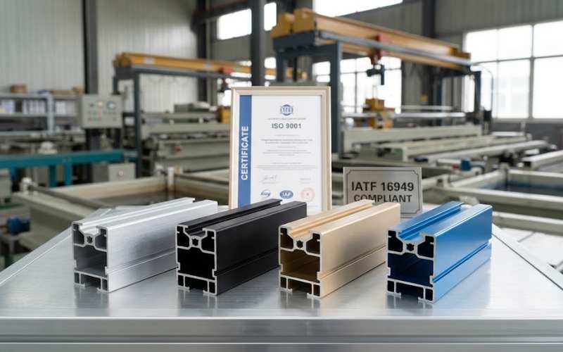 Colored anodized 6063 aluminum extrusion sample swatches at Poolpole — black, satin, blue, gold, champagne, silver