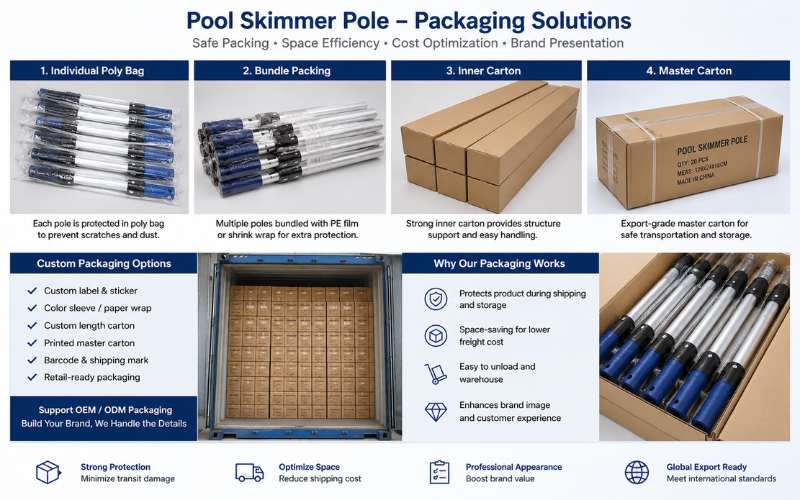 Pool pole for skimmer net sample testing with wet debris lock slip and head wobble check