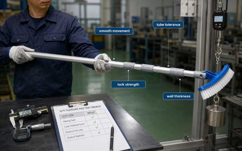 16 ft pool pole stability test showing lock strength, tube tolerance, wall thickness, and smooth extension