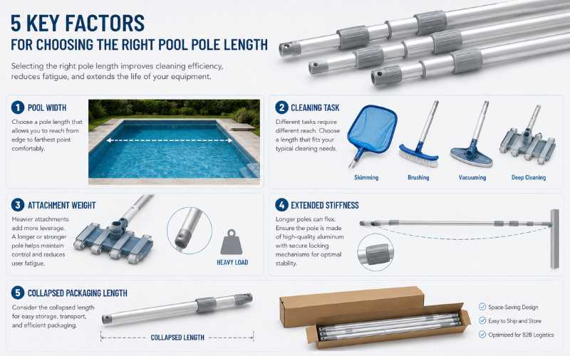 5 point rule for choosing pool pole length with pool width, task, attachment weight, stiffness, and packaging length