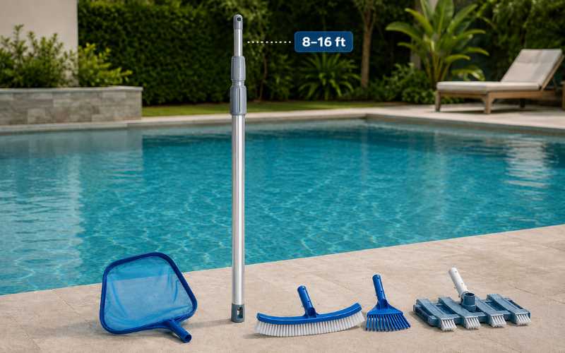 8–16 ft pool pole as the best overall length for residential pool skimming, brushing, and vacuuming