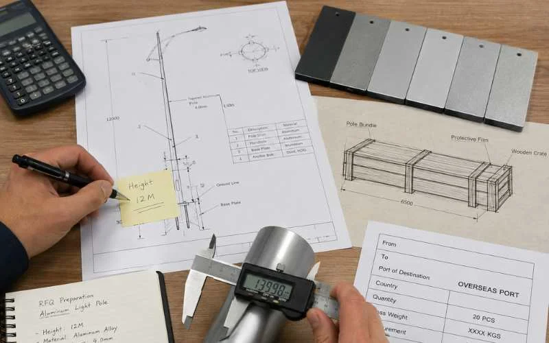 Engineering drawing and RFQ details for an aluminum pole export order