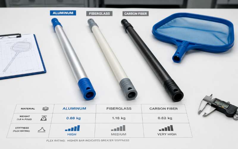 Aluminum pool pole for skimmer net compared with fiberglass and carbon fiber poles
