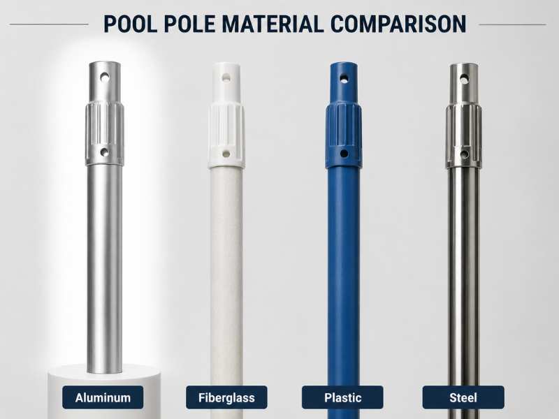 Aluminum pool vacuum pole compared with fiberglass plastic and steel poles