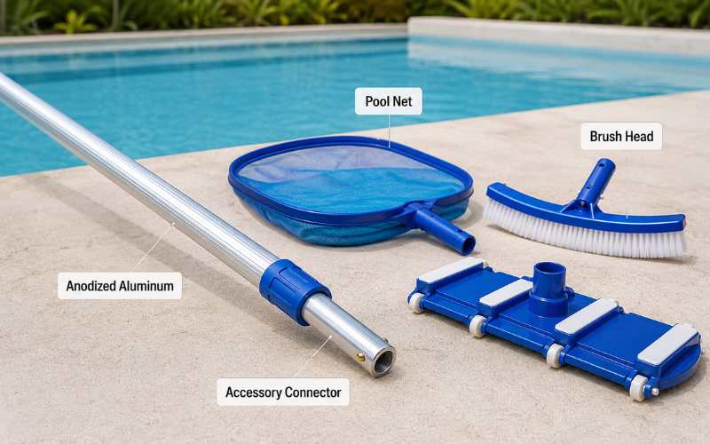 anodized aluminum pool pole with accessories