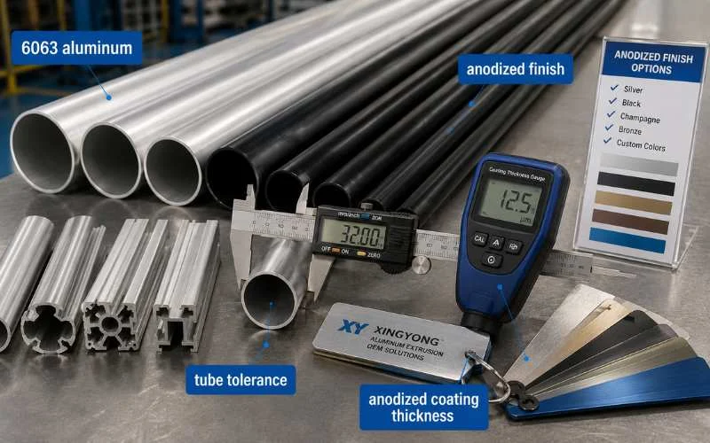 Anodized aluminum tubes with calipers, a coating-thickness gauge and anodized finish swatches