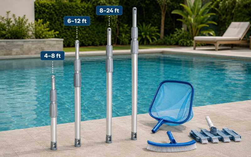 Best pool pole length comparison chart showing 4–8 ft, 6–12 ft, 8–16 ft, and 12–24 ft aluminum pool poles