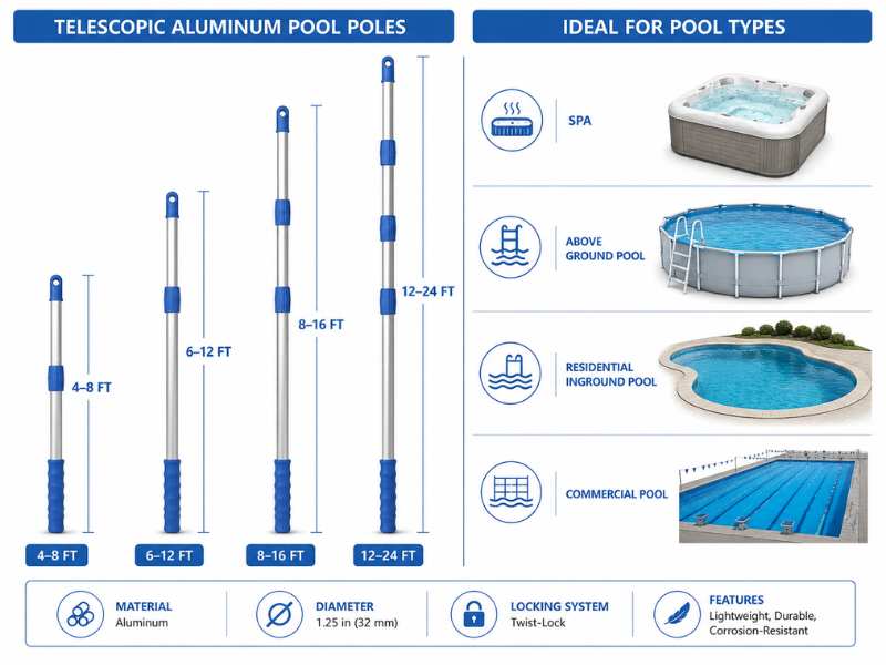 Best pool pole length for vacuum head by pool type from 4 ft to 24 ft