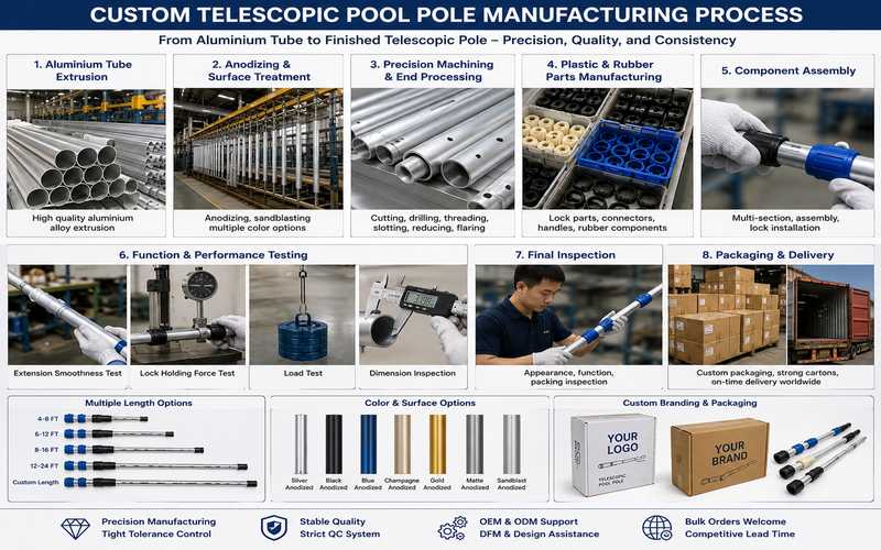 Custom aluminum pool pole manufacturing with aluminum tubes, plastic locks, rubber parts, anodizing, and final assembly