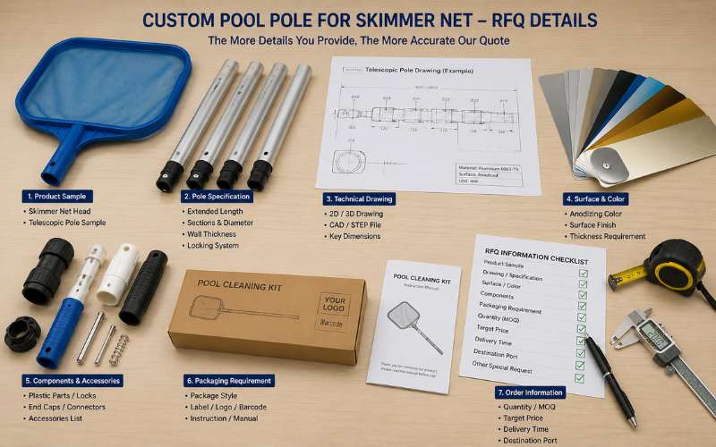 Custom pool pole for skimmer net RFQ details including sample drawing color and packaging