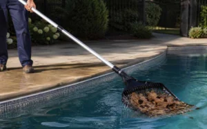 Heavy duty pool pole for skimmer net and leaf rake use with wet leaves