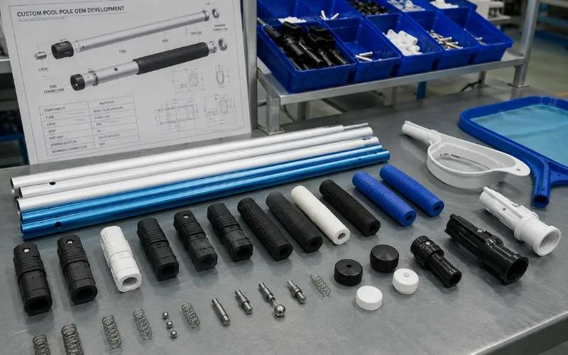 Vara de piscina OEM para rede de piscina com tubos de alumínio à medida, fechos em plástico e punhos em borracha