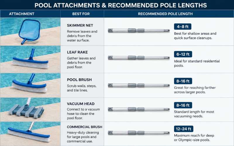 Pool attachments versus recommended pool pole length for skimmer net, leaf rake, brush, and vacuum head