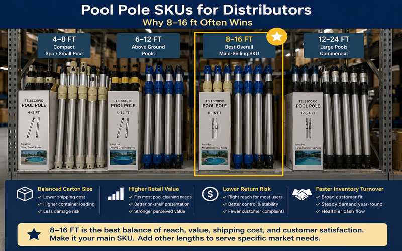 Pool pole distributor SKU planning showing why 8–16 ft often balances profit, carton size, and retail demand
