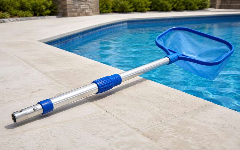 Anodized aluminum pool pole for skimmer net with telescopic lock and universal attachment