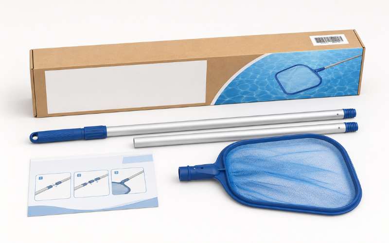 Pool pole for skimmer net retail kit packaging with carton and private label space