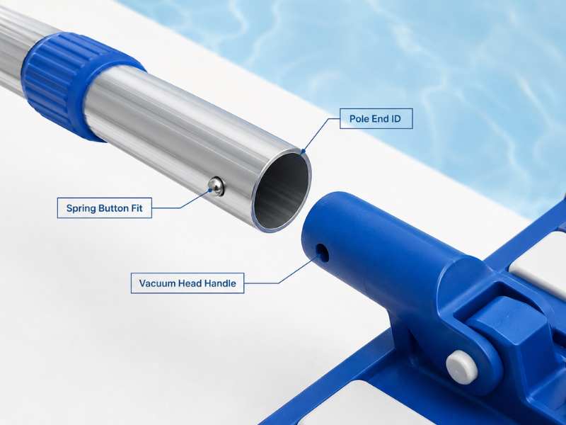 Pool pole for vacuum head compatibility check with spring button fit and pole end inner diameter