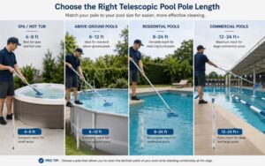Pool pole length by pool size guide for spa, above ground pool, inground pool, and commercial pool cleaning