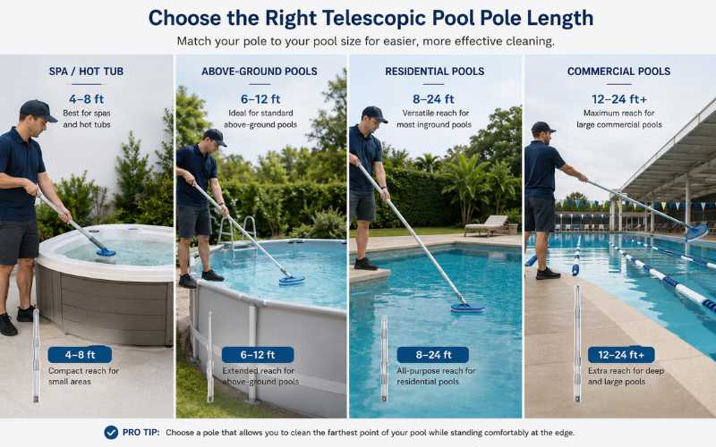 Pool pole length by pool size guide for spa, above ground pool, inground pool, and commercial pool cleaning