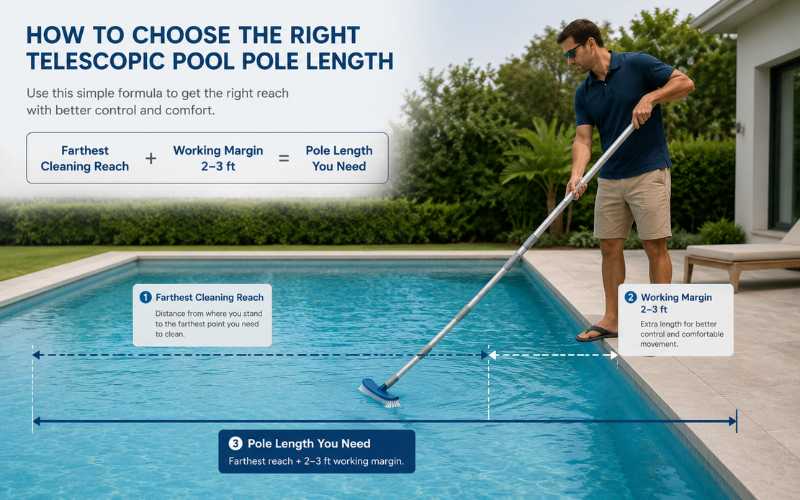 Pool pole length formula showing farthest cleaning reach plus 2–3 ft working margin